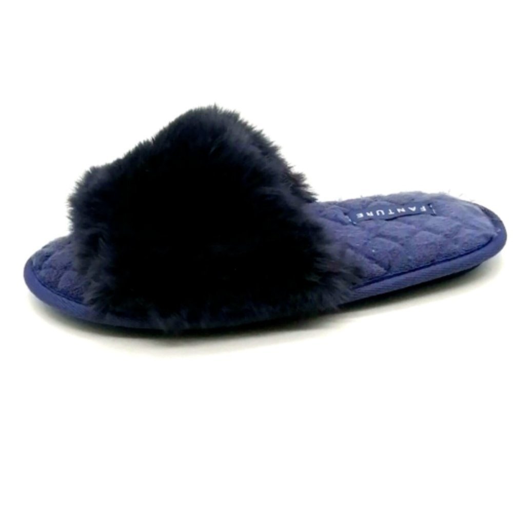 Fanture Womens Slide‎ Slipper Blue Faux Fur Cushioned Quilted Insole 7-8
